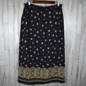 Vintage black floral print faux wrap silk long maxi skirt Petite Large romantic